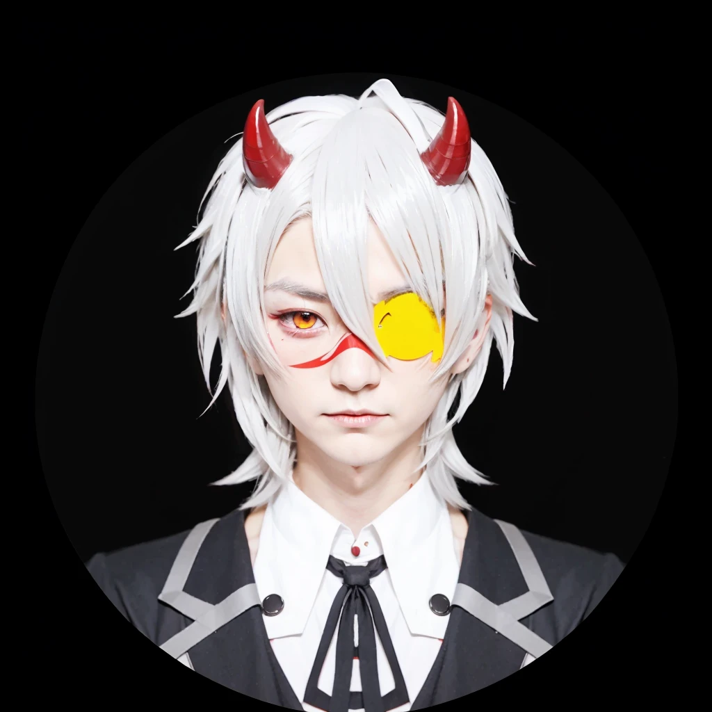 Japanese boy character with red horns and yellow eye patch in black circle, hajime yatate, neferpitou, handsome japanese demon boy, a silver haired mad, trigger Japan boy artstyle, fit male demon with white horn, wataru kajika, portrait demon half human, vector shaded realistis 