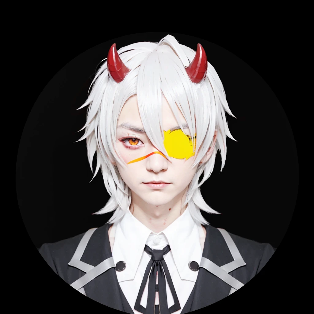 Japanese boy character with red horns and yellow eye patch in black circle, hajime yatate, neferpitou, handsome japanese demon boy, a silver haired mad, trigger Japan boy artstyle, fit male demon with white horn, wataru kajika, portrait demon half human, vector shaded realistis 