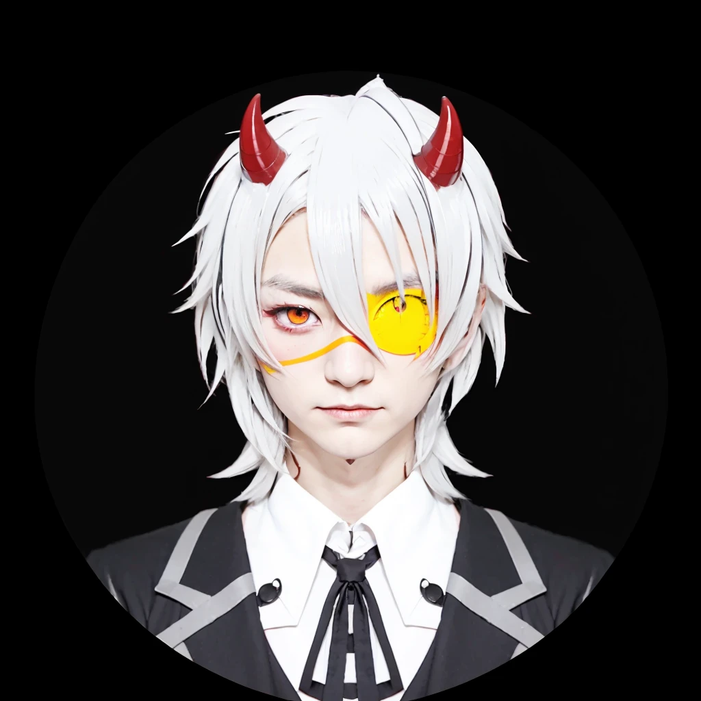 Japanese boy character with red horns and yellow eye patch in black circle, hajime yatate, neferpitou, handsome japanese demon boy, a silver haired mad, trigger Japan boy artstyle, fit male demon with white horn, wataru kajika, portrait demon half human, vector shaded realistis