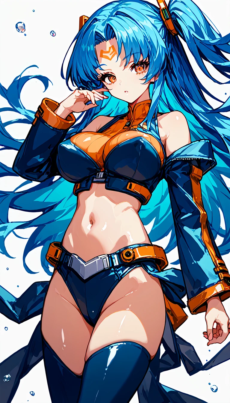 score_9, score_8_up, solo, source_anime ,BREAK,((1girl)),,angela, blue hair, parted bang, long hair, one side up,White background,Areola,shiny skin,very big breasts,黒いストッキング,レオタード,