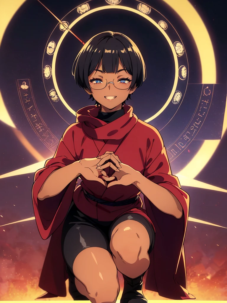 (flat chest:), (masterpiece:1.2), highest quality, High resolution, unity 8k wallpaper, (fine and beautiful eyes:1.6), highly detailed face, perfect lighting, Detailed CG, (perfect hands, perfect anatomy), (1 boy solo:1.4), 20 years old, black hair, extremely beautiful detailfeminine face and eyes, (evil smile:1.4), detailed eyes, best quality,( dark skin:1.8), (turtleneck shirt under yukata:1.2), (bike shorts:1.2), extremely detailed, very precise detailed, (glasses:1.3), blunt bangs, open mouth, (very short pixie cut:1.2), boots,fingerless gloves, smile, (half closed eyes:1.5),(burning fire background:1.3), ,(in magic circle:1.3) ,night sky,long sidelocks,(long red Scarf),(yukata),(squatting), ears,(acrobat pose:1.3),(squat:1.3),leaning forward,(one knee dwon:1.5),(Put one foot in front:1.3),(stylish pose:1.4),(Raise only index finger:1.1),(Joining hands:1.5),(retro artstyle:1.2), (1990s \(style\)),