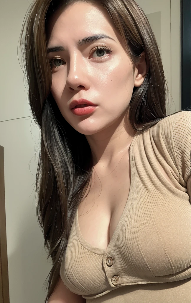 (8k, RAW photo, best quality, masterpiece:1.2), (realistic, photo-realistic:1.2),  ((pureerosface_v1:0.2)),1girl, brown_eyes, brown_hair, _mouth, lips, long_hair, looking_at_viewer, realistic, , solo , (upper body:1.5), BIG breast, PARTED LIPS, small_lips