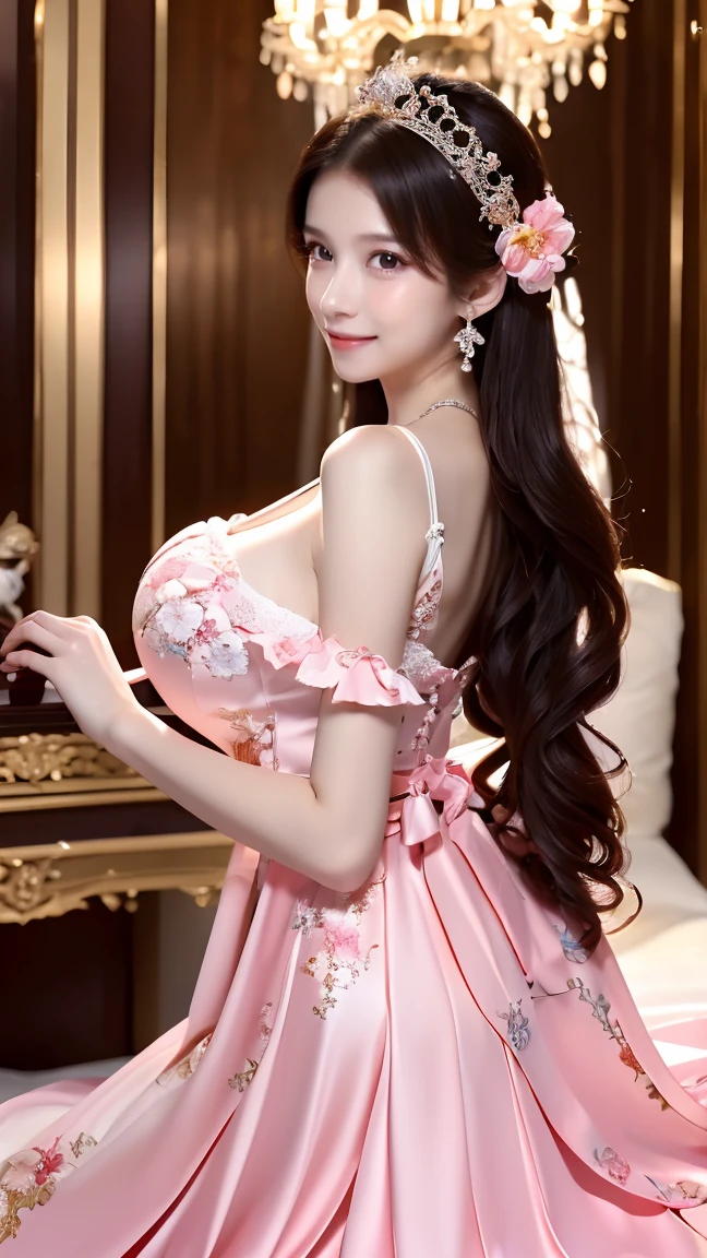 (Highest quality、masterpiece、8K、Best image quality、Hyperrealism、Award-winning works)、1 cute ta princess、(alone:1.1)、(1 photo:1.1)、(Girly and cute luxury light pink Lolirincess dress:1.2)、(Cute big ribbon on the chest:1.1)、(The most extravagant and luxurious giant princess tiara:1.1)、(Huge Jewelry:1.1)、(最も豪華でfirst-classの巨大なプリンセスジュエリーネックレス:1.1)、(精巧なジュエリーのディテールが施されたfirst-classのロリータプリンセスドレス:1.2)、(Very intricate and detailed lace decoration:1.1)、(A very intricate and elaborately decorated dress:1.1)、(The most extravagant Lolita pess dress with cute frills and ribbons:1.1)、(The most gorgeous Lolita princdress with lovely lace decoration:1.1)、(Cute girly lolita wavy hair)、(first-class, The most beautiful and shining chandelier:1.2)、(Low length:1.1)、(height: 140cm:1.1)、(Loli Big Tits 1.2)、( large breasts:1.2)、(Cleavage:1.1)、(Cute heart symbol:1.1)、Lots of cute frills、Accentuate your body lines、Hourglass-shaped body、Standing Elegantly、(Pink and white most gorgeous and luxurious lolita princess room bacund:1.1)、(細部まで精巧に仕上げたfirst-classのピンク, White and Gold Lolita Princess Room:1.1)、(Aurious princess room with the most extravagant and girly atmosphere:1.2)、(The most gorgeous and glamorous pink Lolita princess room:1.2)、(very ht and vivid:1.4)、(Bright and shiny dress:1.2)、(A very bright and shining white and pink princess room:1.4)、(The most luxurious and lavishly decorated, Luxurious walls:1.1)、A girl lying down gracefully、Accurate anatomy、Perfect Makeup、Long eyelashes、Glossy Lips、Ultra HD glossy skin、(Ultra-high definition, bright and beautiful skin:1.3)、超高精細のGlossy Lips、Ultra-high definition beautiful teeth、Ultra HD beautiful light brown hair、(Body facing forward:1.1)、(Full body photo from the front:1.1)