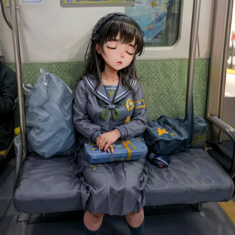 Create 3D Pixar-style cartoon scenes,,Wearing a sailor uniform,The girl in front of me,Sitting and sleeping on a train,The girl is sitting opposite me.