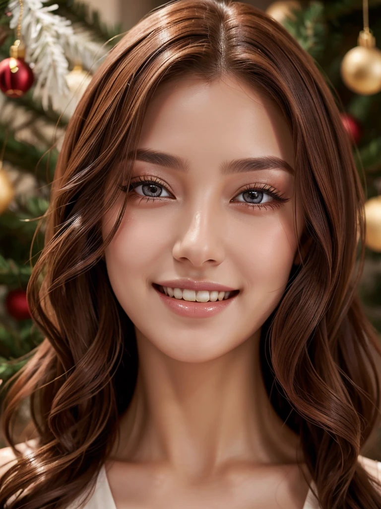 Beautiful woman、Narrow waist、Perfect figure、Beautiful eyes、Long eyelashes、Lustrous lips、Perfect body、Beautiful Skin、high resolution、A cinematic scene、Beautiful smile、Fashion Model、Long chestnut hair、Attractive clothing、Beautiful ornaments