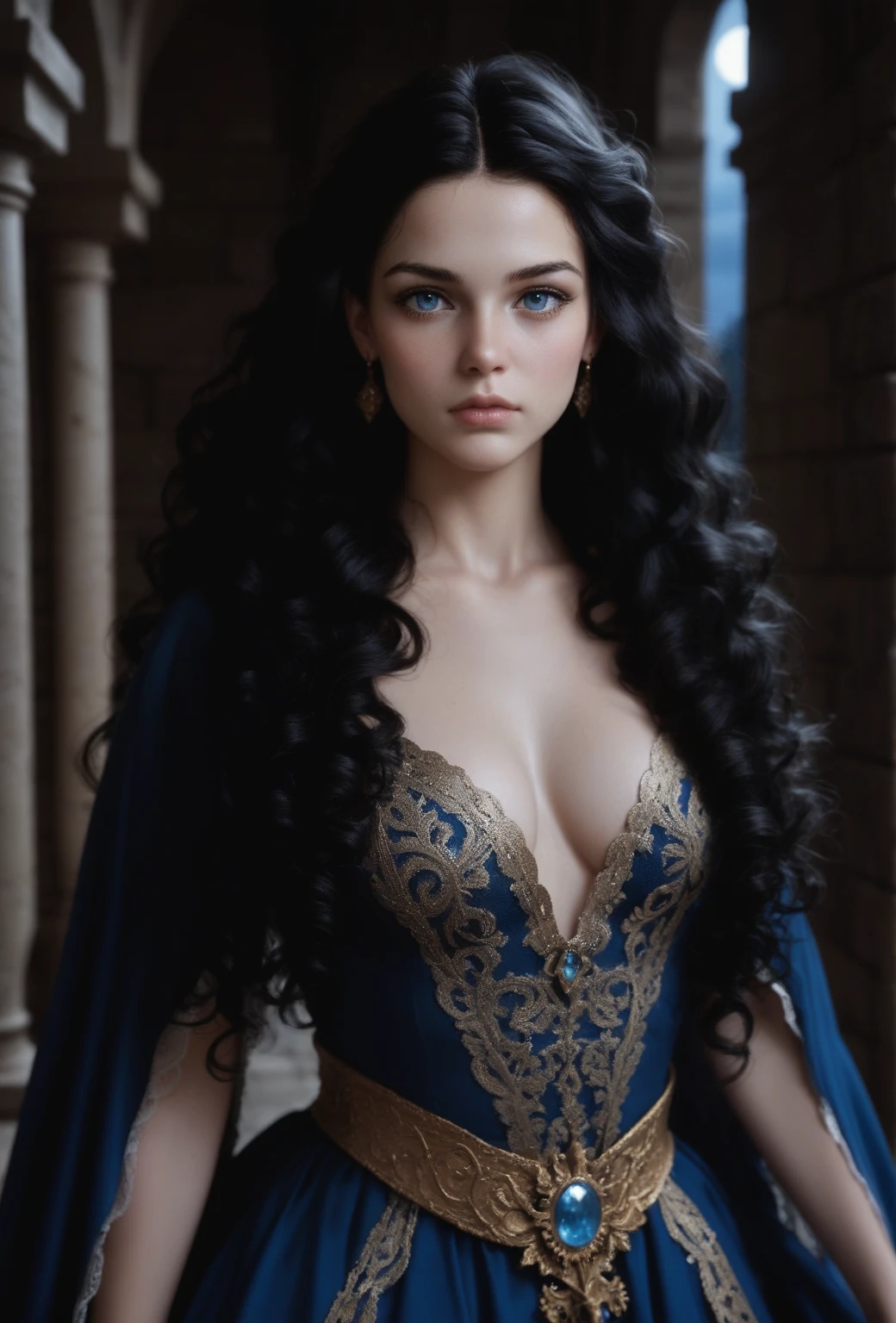 score_9, score_8_up, score_7_up, score_6_up, rating: safe, 1girl, solo, (black_hair:1.5), wavy_hair, jewelry, dress, blue_eyes, earrings, (long_hair:1.5), looking_at_viewer, curly_hair, full_body, lips, lace, white_dress, gold_dress, (night:1.3), cxqz8r, medieval_dress, medieval_landscape, fullmoon, rpg, (rape_face:1.3), narrow_waist, (skinny:1.3), (pale_skin:1.2), bored, (large_breasts:1.2)