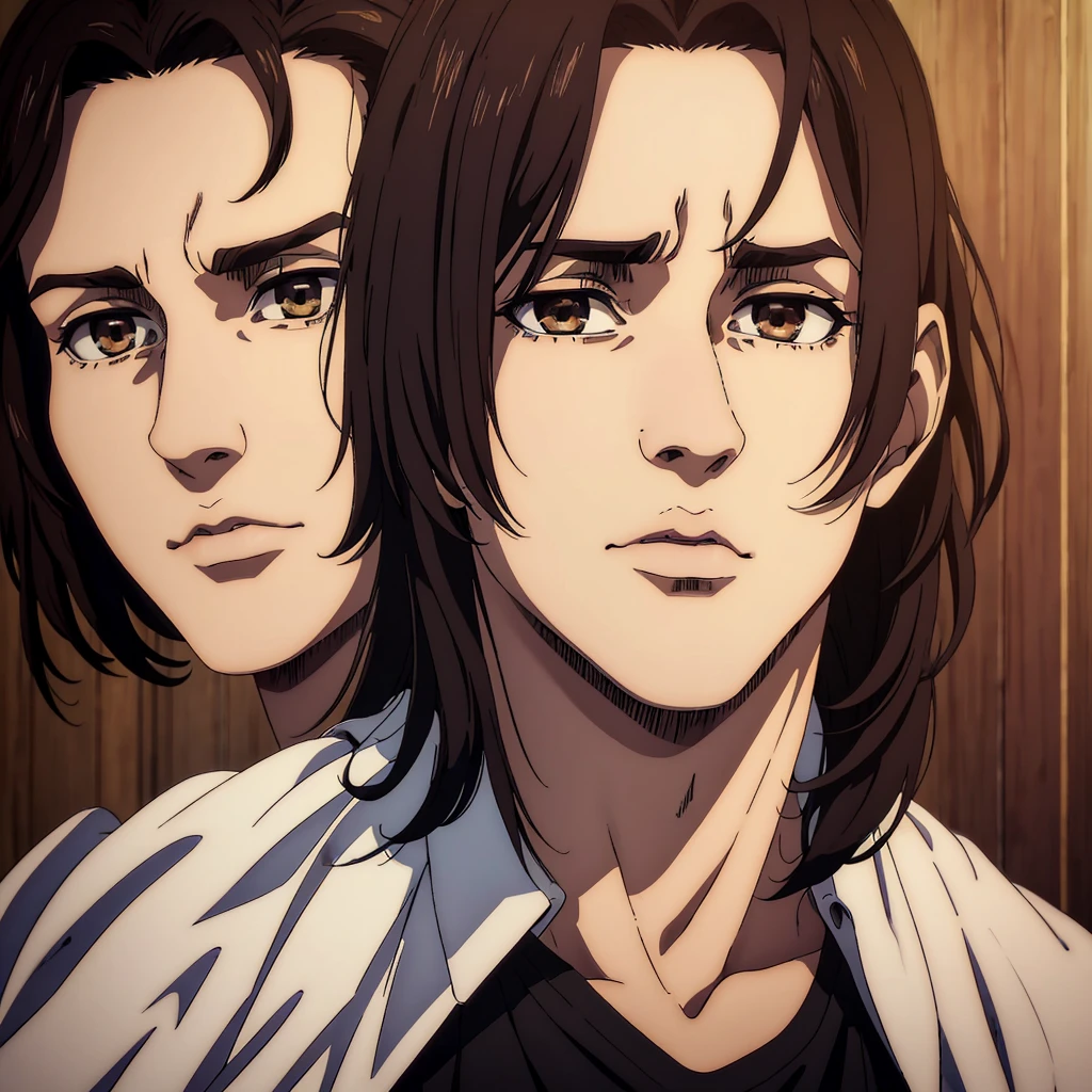 (best quality,4k,8k,highres,masterpiece:1.2),ultra-detailed,(realistic,photorealistic,photo-realistic:1.37), young man , mappa art style, heart-shaped face, small almond-shaped brown eyes with positive canthal tilt , dark brown hair , his hair is medium styled , he looks handsome, he is fair, he looks very young, sharp jawline, he is wearing black shirt