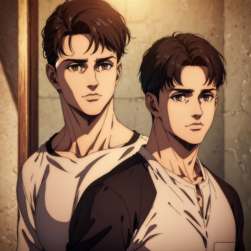 (best quality,4k,8k,highres,masterpiece:1.2),ultra-detailed,(realistic,photorealistic,photo-realistic:1.37), young man , mappa art style, heart-shaped face, small almond-shaped brown eyes with positive canthal tilt , dark brown hair , his hair is medium styled , he looks handsome, he is fair, he looks very young, sharp jawline, he is wearing black shirt