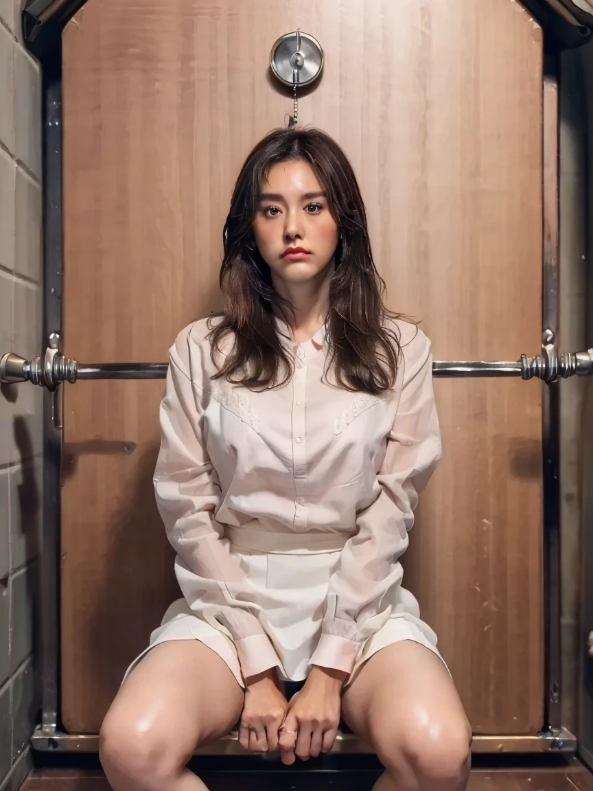 ((highest quality, 8K, Raw photo, masterpiece :1.3)), (realistic、Photoreal:1.37)、Super detailed、ultra high resolution, (professional lighting), alone, 1 female, alone, (30 years old), Japanese, Beautiful and dense face, shining eyes, brown eyes, (Thin：Weight 1.0) , Fine and beautiful skin, skin texture, , hairstyle: medium straight brown hair, girl,alone,Highly detailed beautiful face and eyes,looking at the viewer, (White Clock Top Shirt, Black , white lace ) ,( chamber, prison:1.5), , bed,, bound,(outstretched arm:1.3), bound  legs, bound wrists, breast , (spread your legs,bound thighs:1.5), (Liar, behind:1.5),cowboy shot, (Anger:0.9),(frown:1.4), (embarrassing,blush:1.3)《《《Women lift their skirts by themselves》》》