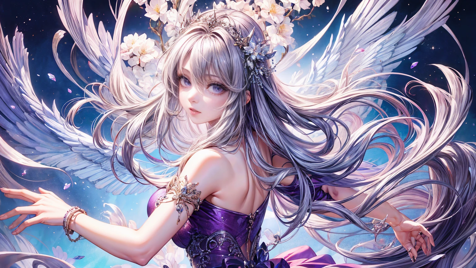 (Highest quality, 8K, CG), Beautiful and exquisite body, Delicate face,Purple-silver hair,Wavy Hair, Gradient Hair, Long Hair,Wearing a circlet, Purple eyes,Fluffy long hair, Almond Eye, Exquisite eye makeup, 長さ eyelashes fluttering, Dancing Princess,Dancer, Delicate lip detail, Soft and harmonious style), shoulders, bracelet,gem,Suspended particles,Dynamic pose,romantic,grace
