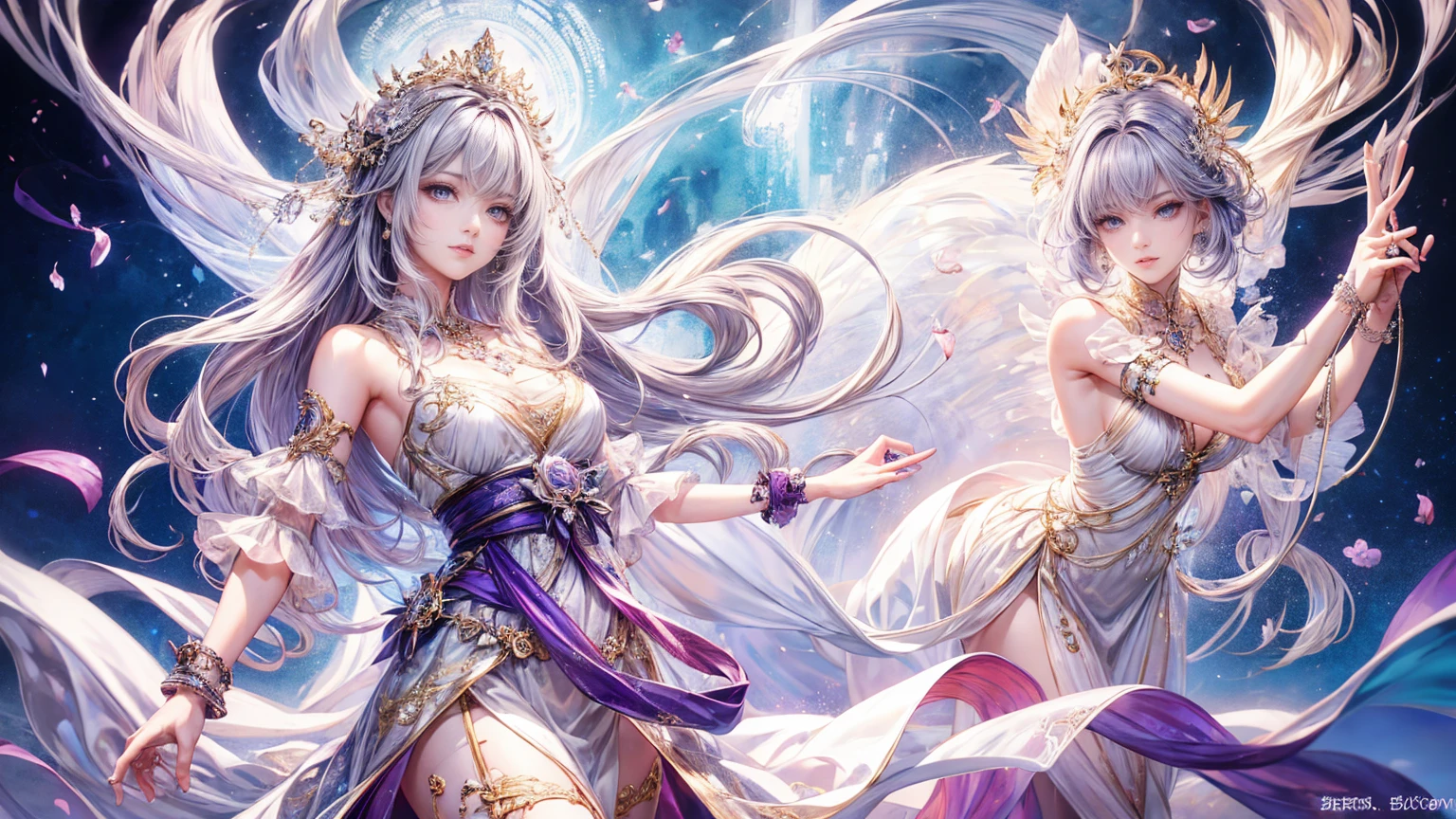 (Highest quality, 8K, CG), Beautiful and exquisite body,Purple-silver hair,Wavy Hair,beautiful girl,Dancer,Dancing Princess,slit,Belly dance,skirt,White robe, Fluffy long hair,Gradient Hair, Purple eyes, Exquisite eye makeup, 長さ eyelashes fluttering, Delicate lip detail, Soft and harmonious style,Exposed shoulders, bracelet,Suspended particles, Dynamic pose,One Girl,Glamour,sexy,Wearing a circlet,Wearing Jewelry,Lip gloss, (Accurate Arm, Five Fingers, Accurate legs), Ultra-high resolution, Ultra-realistic, Very detailed, Golden Ratio, Photorealistic Anime Girl Rendering, ((Beautiful smile)), Exposed shoulders, Dynamic pose,blue sky,Big Breasts,Arabian