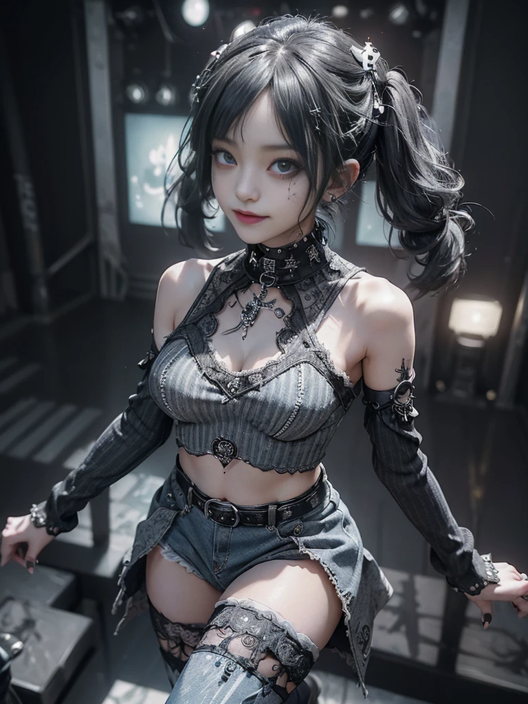 (Smiling with teeth showing:1.3),(Hollywood actress:1.5)、(Gothic Lolita style fashion:1.5)、(Punk RockVisual Kei:1.5)、(Wearing a sweater with intricate decoration:1.4)、(A mini skirt with delicate white, denim and charcoal embellishments.:1.5)、(Denim and light blue and white boots:1.3)、((belt))、(Numerous intricate patterns all over the costume:1.4)、(collar:1.3)、(Striped underwear:1.5)、20-year-old、NSFW、((Highest quality、In 8K、masterpiece:1.3))、Sharp focus:1.2、(Layered Cut、Huge boobs:1.1),Beautiful woman with perfect figure:1.4、(Dancing vigorously:1.3)、Slender Abs:1.2、Highly detailed face and skin texture、Detailed eyes、double eyelid,(Twin tails:1.3)、(Dark grey hair:1.3)、Gravure idol、(The background is the stage of the fashion show:1.3)、(Slim body:1.3),(Make your legs thinner:1.4),(clavicle:1.1)