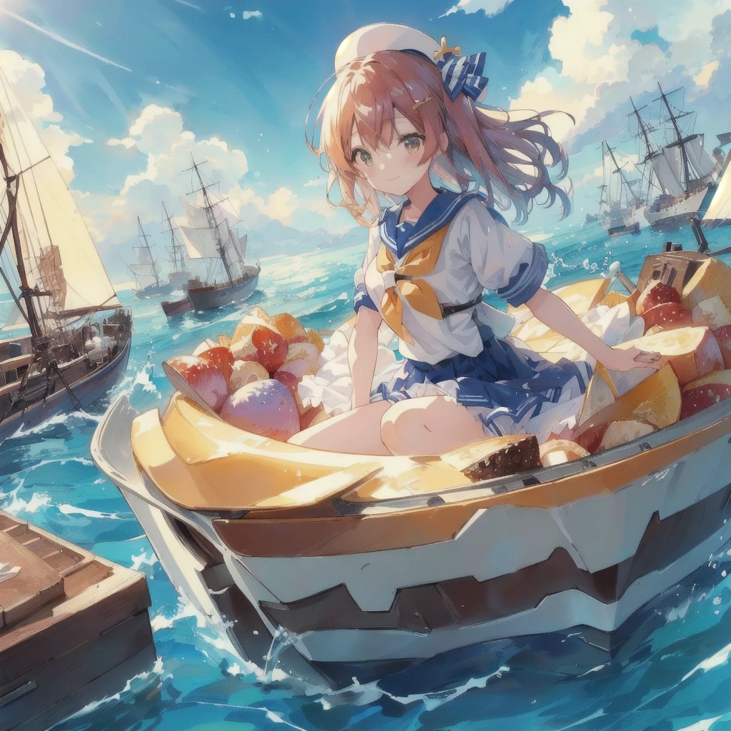 Anime girl sitting on a boat with a pudding floating in the water, smile,Sea of Parfaits, Sailing ships around,Kantai Collection Style, Splash Art Anime Loli, Anime girl walking on water, 4KAnime Wallpaper, Anime Wallpaper, Anime Style 4k, On the Sea, hd Anime Wallpaper, Anime Art Wallpapers 8K, anime art wallpaper 4k, anime art wallpaper 4k