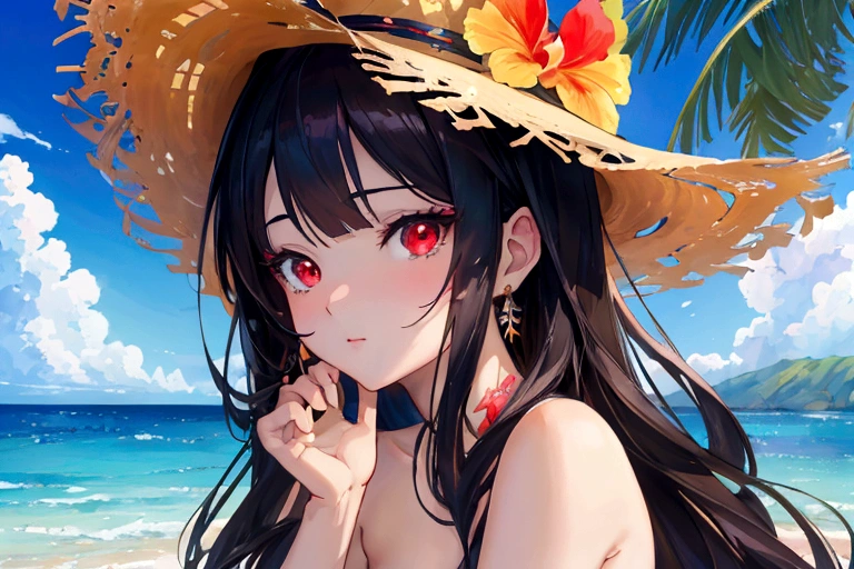 (masterpiece, Highest quality), so beautiful, Absurd, extremely detailed CG unity 8k wallpaper, Ultra-fine illustrations, (detailed_face:1.2), Break 1 Girl, Long black hair with a straw hat, Small breasts, (Glamorous look), Red eyes, Anime Style 4k, Beautiful anime portraits, Anime Moe Art Style, anime art wallpaper 4k, High quality anime art style, Anime style portrait, Familiar with digital animation art, Anime Art Wallpapers 8K, Cute Anime Girl Portrait, Hawaii Background, blue sea, Palm tree, sunlight, whole body, Breaking Depth of Field, Perfect hands, nice refer tos, 5_refer to, 4_refer to,1_親refer to,