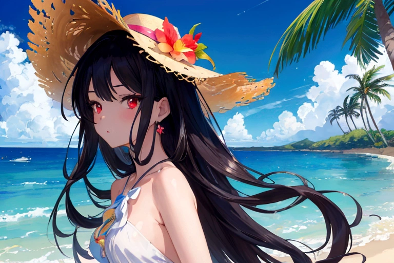 (masterpiece, Highest quality), so beautiful, Absurd, extremely detailed CG unity 8k wallpaper, Ultra-fine illustrations, (detailed_face:1.2), Break 1 Girl, Long black hair with a straw hat, Small breasts, (Glamorous look), Red eyes, Anime Style 4k, Beautiful anime portraits, Anime Moe Art Style, anime art wallpaper 4k, High quality anime art style, Anime style portrait, Familiar with digital animation art, Anime Art Wallpapers 8K, Cute Anime Girl Portrait, Hawaii Background, blue sea, Palm tree, sunlight, whole body, Breaking Depth of Field, Perfect hands, nice refer tos, 5_refer to, 4_refer to,1_親refer to,