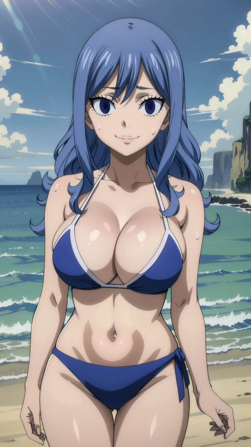 masterpiece, absurdres , (intricate details), (colorful),cinematic lighting,bust shot,extremely detailed CG unity 8k wallpaper, juviagmg, 1girl, Smiling, looking at the viewer, blue theme, blue background, cloudy sky, sunlight, sweat, , bikini swimsuit, large breasts, cleavage, belly button , collarbone, thighs, sea and beach,