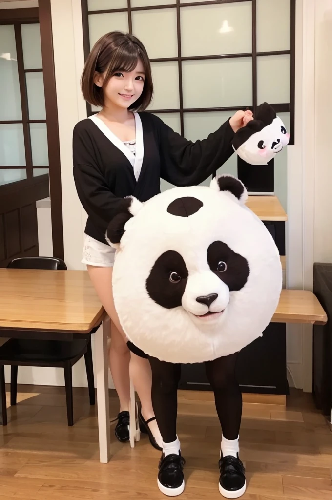 A cute 20-year-old Japanese woman、Beautiful Skin、Beautiful Hair、Short Hair Length、Bob Hair、Brown Hair Color、Beautiful Eyes、Brown Eye Color、A big smile、place:Cute home room、Panda full body costume、Standing posture that reflects the whole body