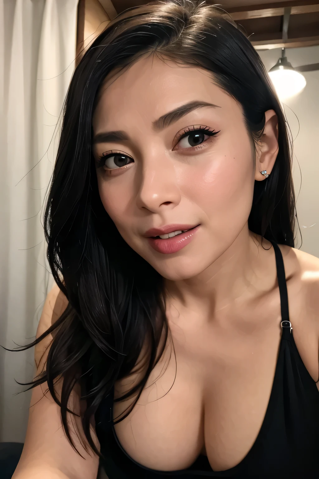 Tabletop,,Award-winning photo, Very detailed, Sharp focus on the eyes, Nose and mouth,Face Focus, Woman with open mouth and closed eyes, Black camisole、Age 35,Black-haired、Symmetrical face,Realistic nostrils、Angle from below、Elongated C-shaped nostrils,,,,,,,,,,,,,,,,,,,Browsing Caution,Live House Stage、on stage、Sweaty skin、Lighting that accentuates skin that shines with sweat、((Nose hook))Skin shiny with sweat、Glowing Skin、Sweaty hair,Beautiful Japan actress,smile