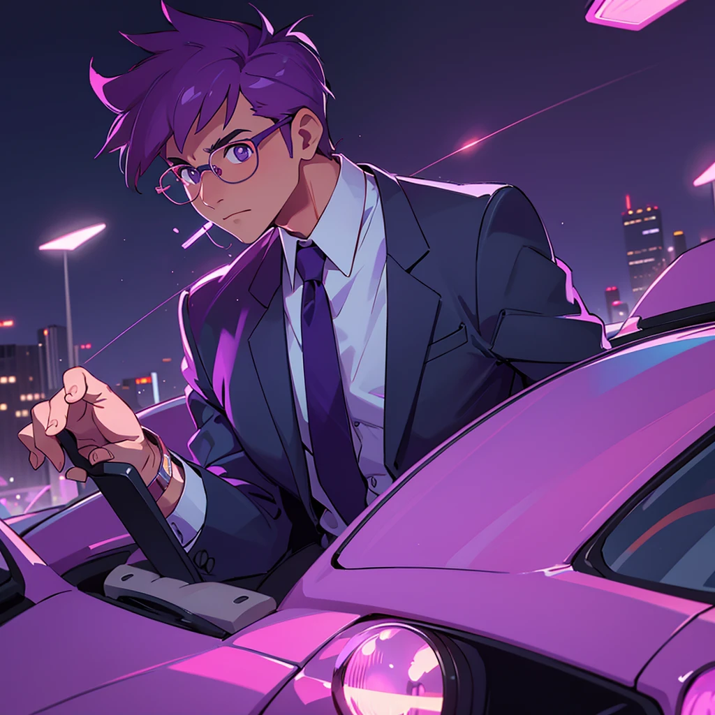 A handsome businessman with glasses driving a purple convertible through the neon-lit city