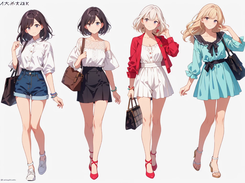 (((Best Quality))) , ((full body)), 4 lady, adult woman, multiple views, white background, variety of hairstyles, variety of fashion styles, pose, fashionable and trendy atmosphere, holding bag, spring outfits, walk pose, short shorts,
