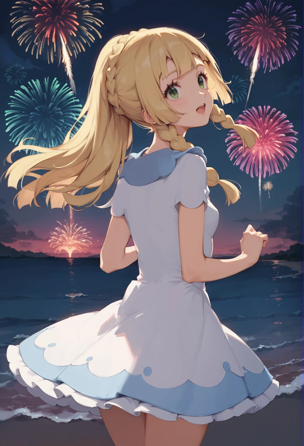 score_9,score_8_up,score_7_up,cowboy shot,((HENTAI Anime)),(details background),1girl,lillie(pokemon),open mouth,look up sky,night,sky,back view,Lots of fireworks,sea