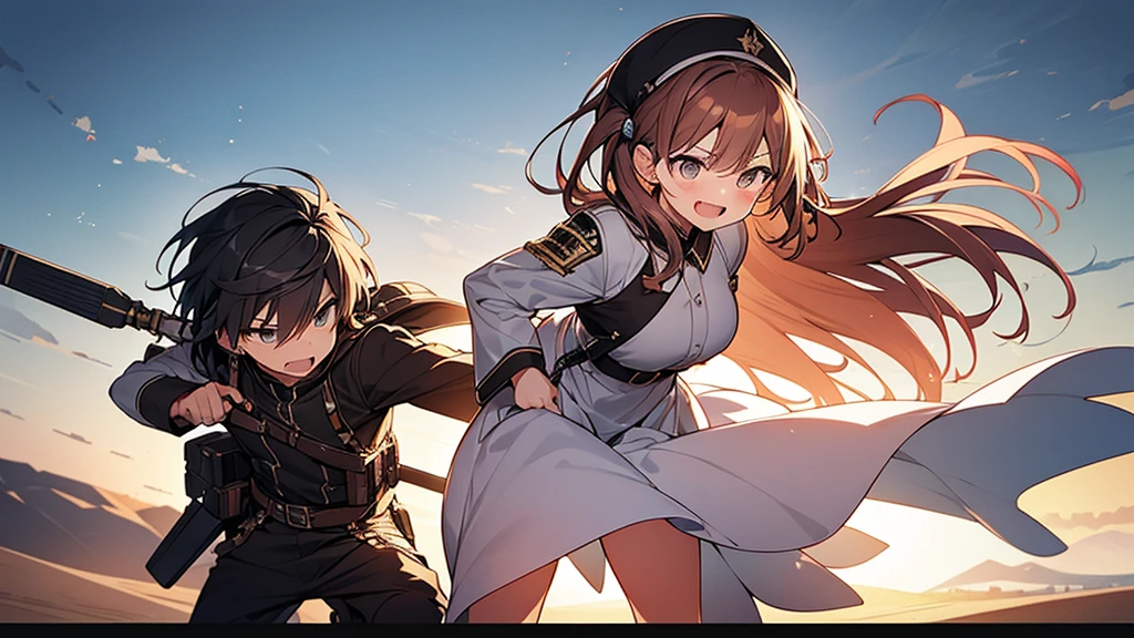 anime style, super fine illustration, highly detailed, dynamic angle, beautiful detailed, 8K, In the midnight, on a 火星 with the midnight over the desert, BREAK a couple is running angry. The woman is leading, and the man is chasing her. BREAK Both are angry broadly, their laughter echoing. BREAK The desert are shimmering hardly, and the sky is dyed black.chibi chibi chibi chibi chibi,loli loli loli loli loli,masterpiece masterpiece masterpiece,best quality best quality best quality best quality best quality,8K,16K,super fine illustration,detailed background,detailed shiny skin,beautiful background,BREAK,army around,army jacket,holding_weapon,