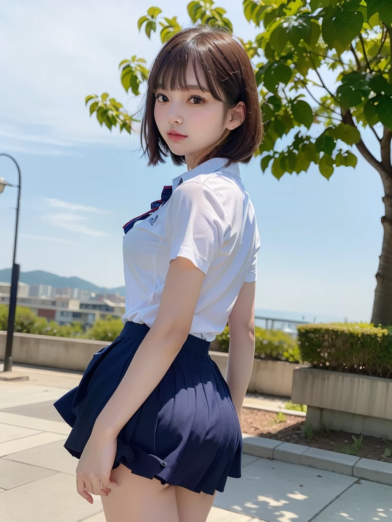 ((Best of the highest quality, 8k, Masterpiece, raw photo: 1.2)), (Sharp focus: 1.2), (1 AESPA, slim body type female, 21 y/o: 1.1), (Solo: 1.28), (realistic, photo-realistic:1.37), face focus, cute face, finely eyes, (droopy eyes: 1.32), (Emphasize prominent aegyo-sal with bright: 1.2), shimmering eyeshadow applied under the lower lash line, paired with thick, (small breasts, flat chest, Thigh: 1.3), (short messy hair, bangs: 1.28), (wearing school uniform, skirt: 1.32), (ribbon: 1.1), walking terrace dining, flower, (skirt is rolled up by the wind, from behind: 1.16)