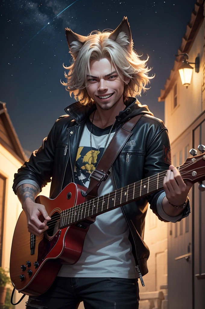  a wolf character with an animalistic grin plays the guitar in the style of James Hetfield against the background of the night sky