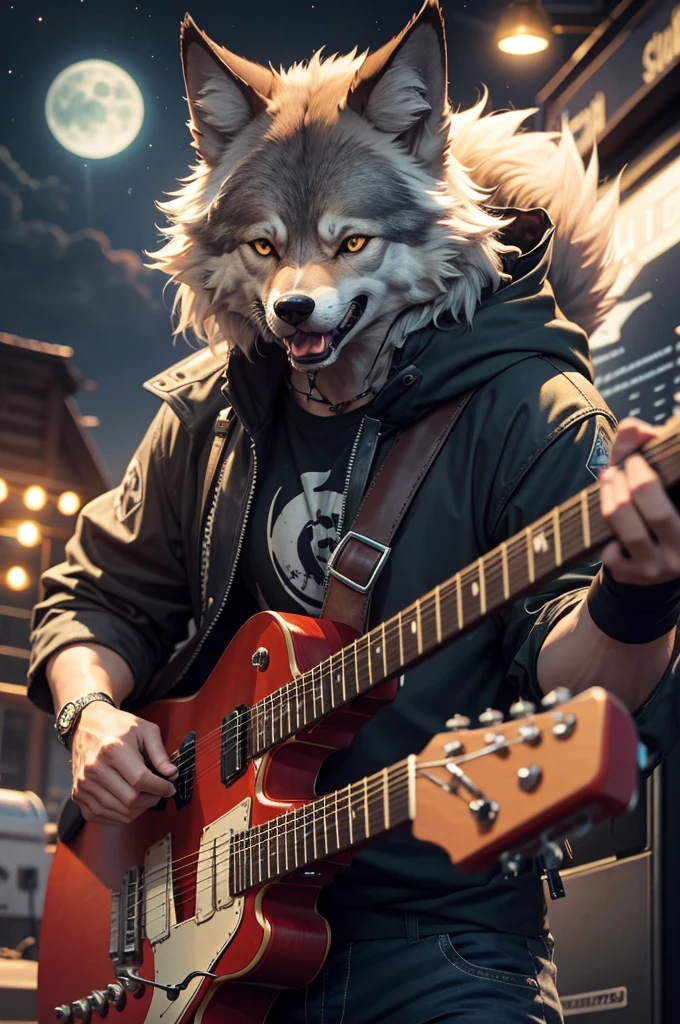 a wolf character with an animalistic grin plays the guitar in the style of James Hetfield against the background of the night sky