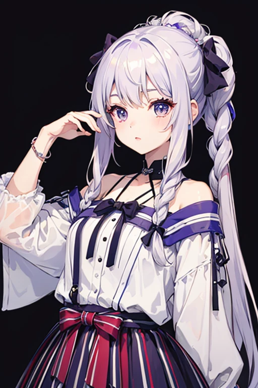 (masterpiece, Highest quality:1.2), One girl, alone,Striped Hair,Long, low twin braids,White purple gradient hair,Purple eyes