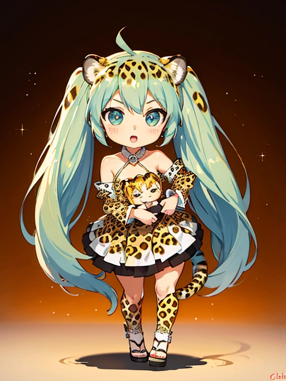 (A Cheetah:1.5), Hatsune Miku, (chibi:1.5), full body, Big Eyes, dance, (masterpiece), highest quality