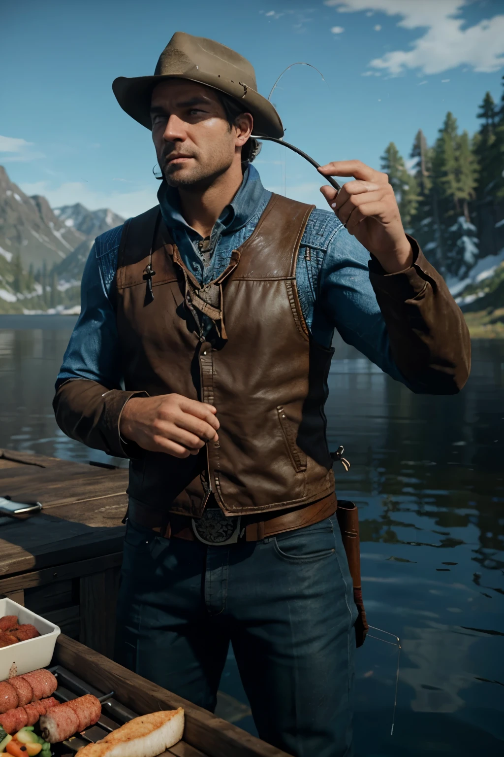 Arthur morgan fishing while sub-zero barbecues