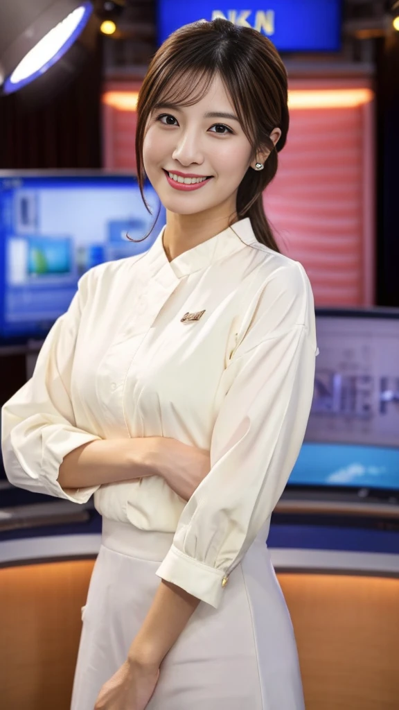 (Highest quality、high resolution、High resolution、masterpiece、8K:1.1)、One Woman、27-year-old Japanese woman、news caster、announcer、Look at you with a gentle smile、Detailed face、Detailed eyes、Natural Makeup、A ruddy face、Lifelike skin texture、((Clear photos、RAW Photos、High-definition photos:1.3))、(Nikon Z9 NIKKOR Z 50mm f/1.2 S 50mm F/11 1/40secs:1.25)、In the news studio、Television Station、News Studio、indoor、Bright lighting、Off-white blouse、Grey long skirt、Mid-chest