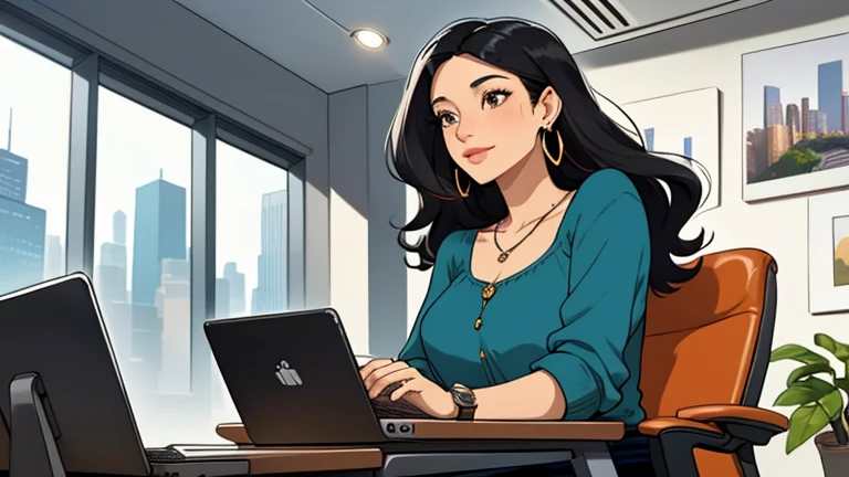 In the background there are many desks and people, Beautiful black-hair woman in her 30s sitting chair in an spacious and colorful office. looking down, relaxed atmosphere, cozy, LOFI girl, blouse, desk, documents, laptop, pen, watch, smartphone, stationery, wide glass window, only five fingers, New York, colorful, can see skyscrapers outside the window, colorful wall, pierced earrings, ring, cabinet, offee cup, Well-proportioned face, Unbroken fingers, unbroken fingers, beautiful captured fingers, White skin, Japanese