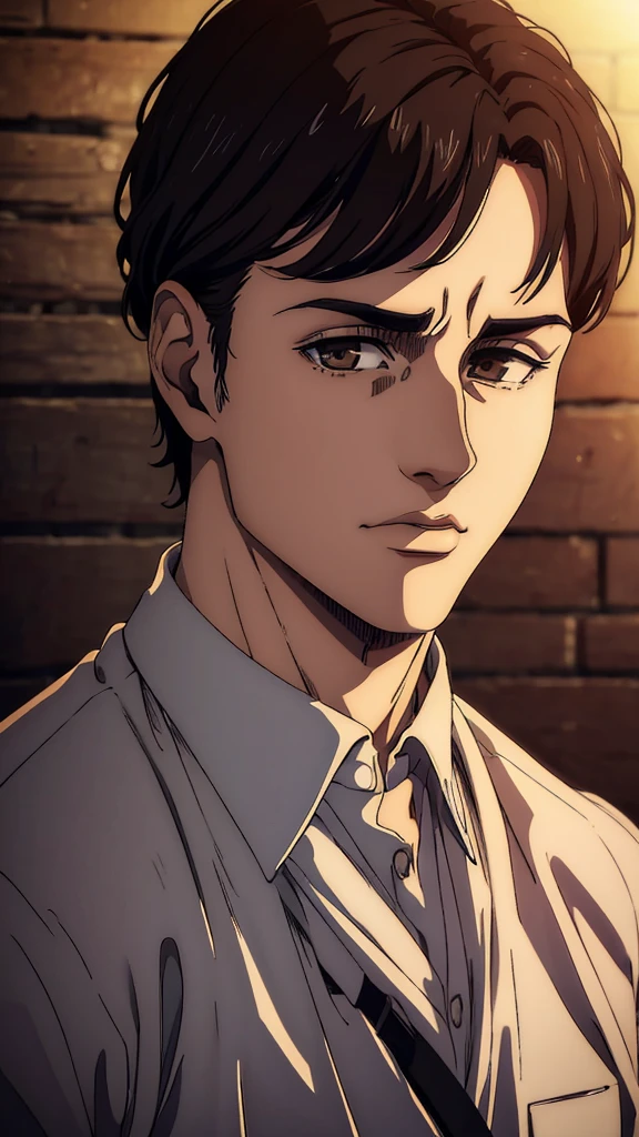 (best quality,4k,8k,highres,masterpiece:1.2),ultra-detailed,(realistic,photorealistic,photo-realistic:1.37), young man , mappa art style, heart-shaped face, small almond-shaped brown eyes with positive canthal tilt , dark brown hair , his hair is medium styled , he looks handsome, he is fair, he looks very young, sharp jawline, he is wearing black shirt