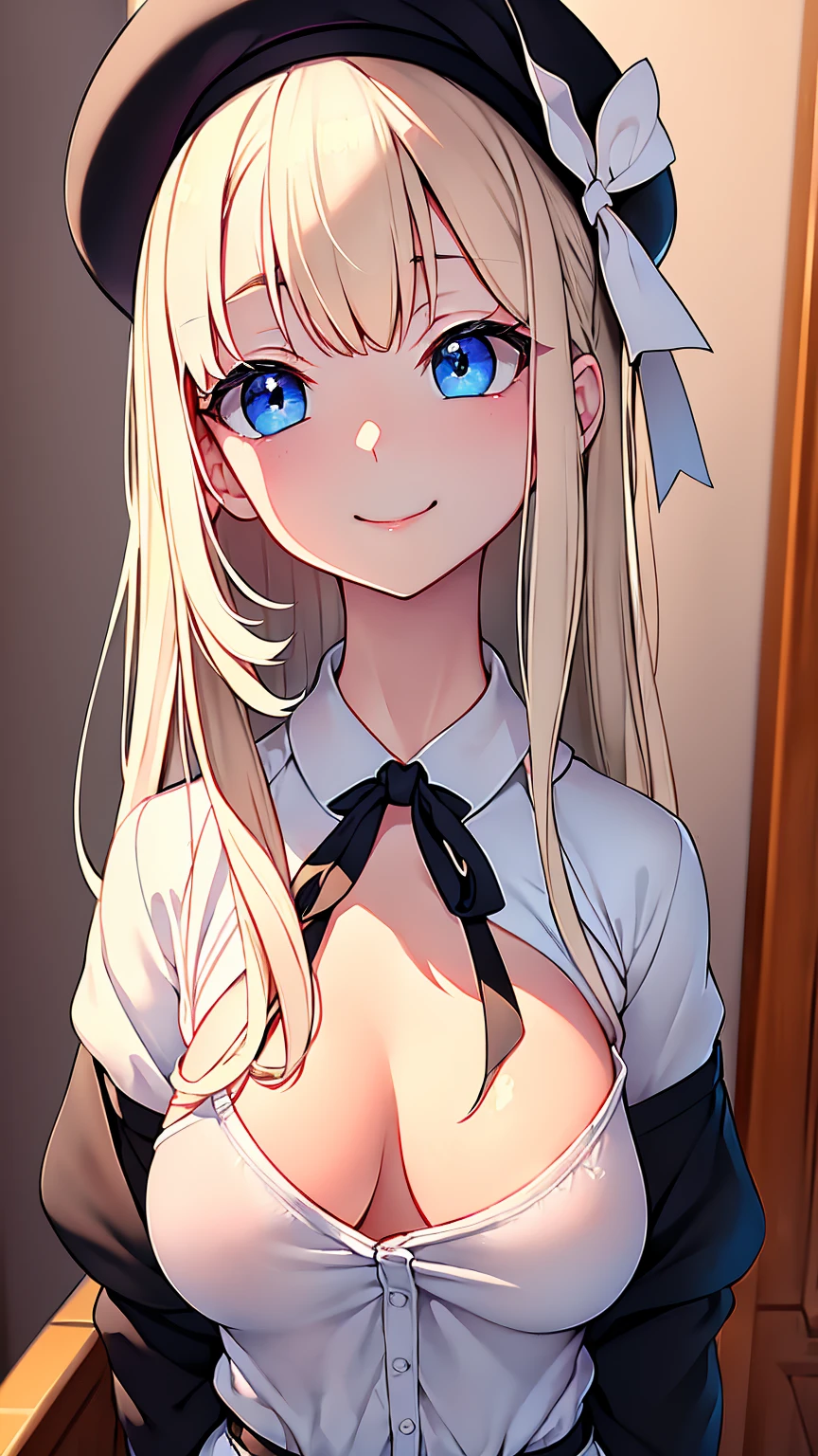 Highest quality,masterpiece,masterpiece portrait,Upper Body, Blonde、Blue Eyes、Pink lips、、White shirt、Black ribbon at chest、Sexy atmosphere、cartoonist、(((Slightly erotic)))、Wearing a beret、tilt your head and smile、Anime Style、Beauty、Her background is monochrome black、(((Front view)))、Looking up,oil
