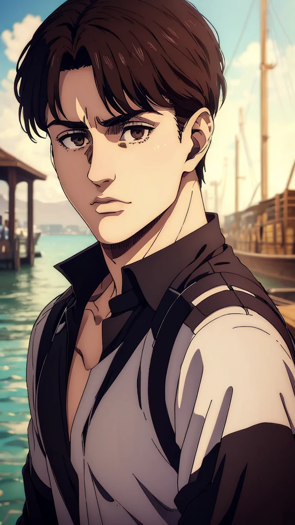 (best quality,4k,8k,highres,masterpiece:1.2),ultra-detailed,(realistic,photorealistic,photo-realistic:1.37), young man , mappa art style, heart-shaped face, small almond-shaped brown eyes with positive canthal tilt , dark brown hair , his hair is medium styled , he looks handsome, he is fair, he looks very young, sharp jawline, he is wearing black shirt