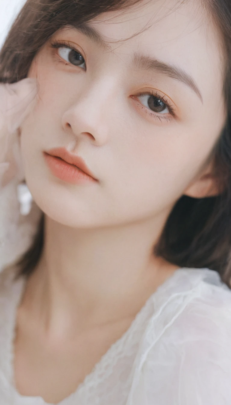 xxmixgirl, Analog Style, Eye focus, Highest quality, (Very detailed skin), Exquisitely beautiful white skin photos, 21 years old, Upper Body、Perfect Face, Captivating eyes, (Seductive makeup: 1.3), Skin pores, (Bokeh:1.5), Sharp focus, Dappled Lighting, (Backlight), Film Grain, (Very detailed, Exquisitely crafted), 8K, High resolution, Front view, Studio Light, Very detailed顔, fine grain, (double eyelid: 1.4), Aristotle, Brown eyes, (commercial: 1.6), Short hair swaying in the wind, Beautiful brown hair,Medium Hair、bangs (Seductive makeup), ((White studio background: 2))