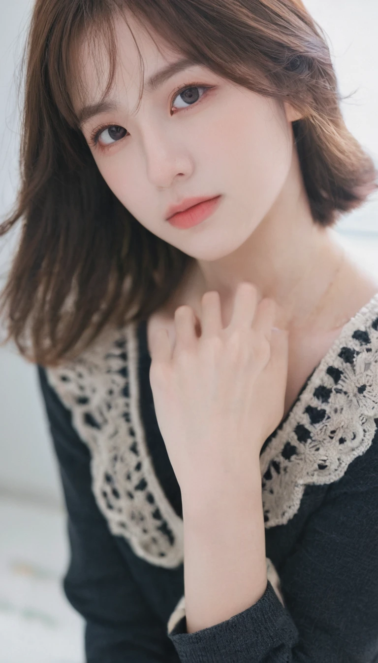 xxmixgirl, Analog Style, Eye focus, Highest quality, (Very detailed skin), Exquisitely beautiful white skin photos, 21 years old, Upper Body、Perfect Face, Captivating eyes, (Seductive makeup: 1.3), Skin pores, (Bokeh:1.5), Sharp focus, Dappled Lighting, (Backlight), Film Grain, (Very detailed, Exquisitely crafted), 8K, High resolution, Front view, Studio Light, Very detailed顔, fine grain, (double eyelid: 1.4), Aristotle, Brown eyes, (commercial: 1.6), Short hair swaying in the wind, Beautiful brown hair,Medium Hair、bangs (Seductive makeup), ((White studio background: 2))