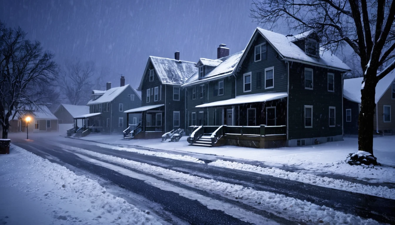 front of a house, several houses around, blizzard, falling snow, dark night, sinister environment