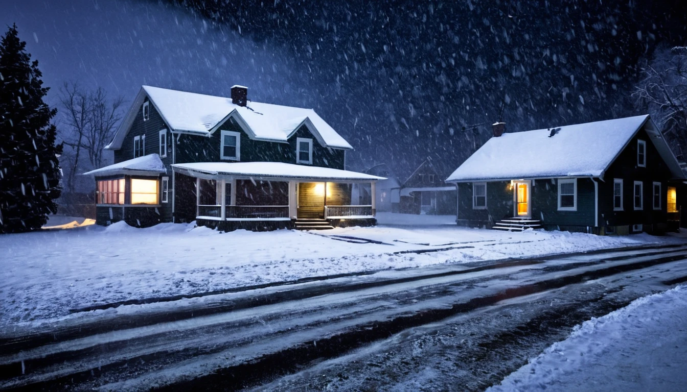 front of a house, several houses around, blizzard, falling snow, dark night, sinister environment