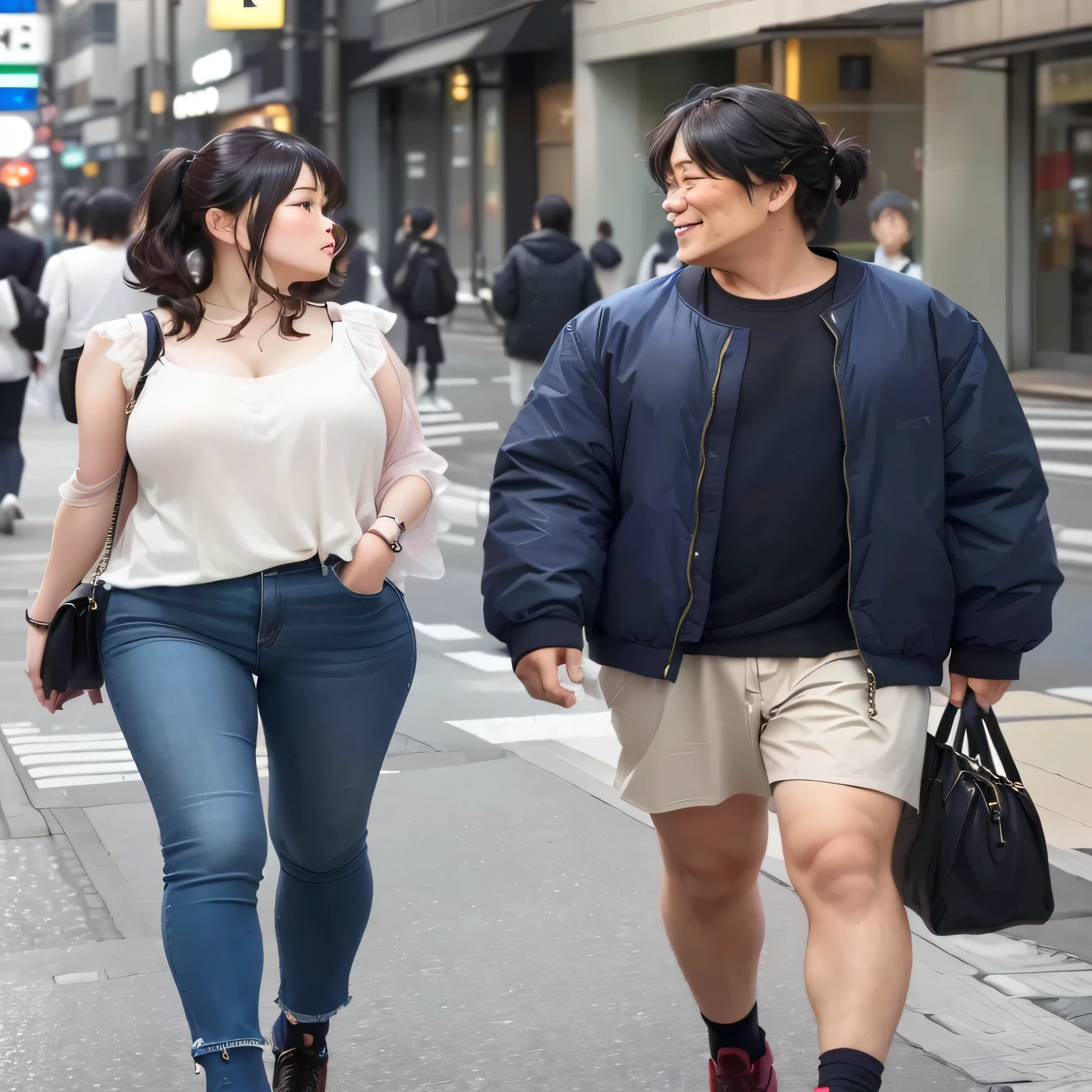 A man in his fifties walking down the street with a woman carrying a handbag, Casual clothingを着る, Street fashion in Japanese cities, man and woman walking together, On the streets of Tokyo, On the street, Casual clothing style, Casual modern fashion, In the city of Tokyo, wearing Casual clothing, Japanese Street Fashion, In Tokyo, Casual clothing, Casual clothing装