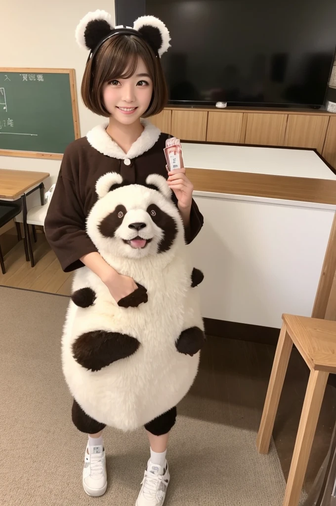 A cute 20-year-old Japanese woman、Beautiful Skin、Beautiful Hair、Short Hair Length、Bob Hair、Brown Hair Color、Beautiful Eyes、Brown Eye Color、A big smile、place：Cute home room、Wearing a full-body panda costume、Standing posture that reflects the whole body