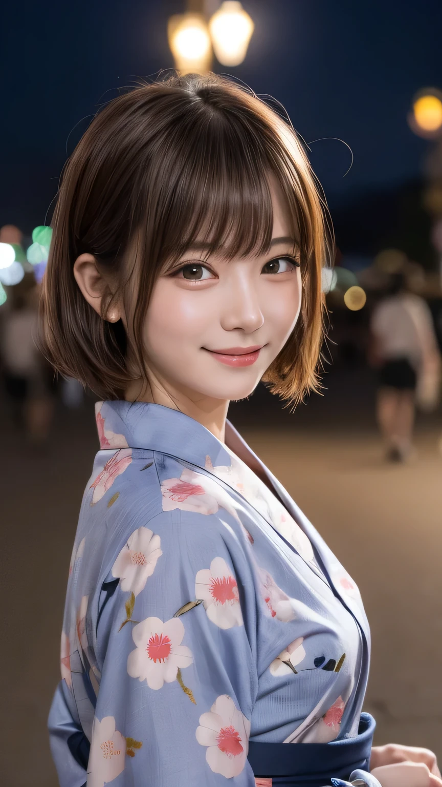 closeup shot , Best picture quality (8K, high resolution, Masterpiece: 1.2), super detailed, 215 Short Hair, 16-year-old woman,
situation: The fireworks festival is over、Walking through the city at night with friends and family。Returning home reminiscing。
clothing: A yukata in a calm color、band、can。Keep hair and accessories simple。
angle: Night city background、Photographing a yukata from a wide angle。Scenes of people taking a break on the road、Close-up of walking home。Reflecting the atmosphere of the night and the charm of yukata。
Close-up of face
, random cute pose ,big eyes ,Puffy eyes , Heart Pupil, blush , huge shy smile , salute