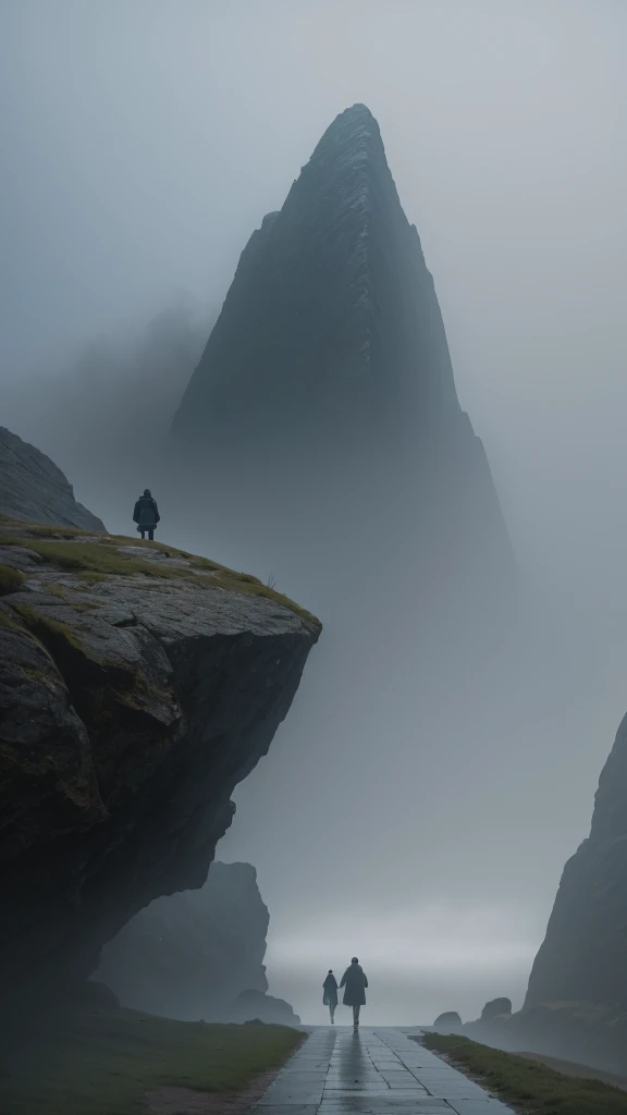 Faint hint of a lonely wanderer walking in the direction of an ridiculous enormously gigantic stone sculpture of a face in the distant mist and fog, cinematic