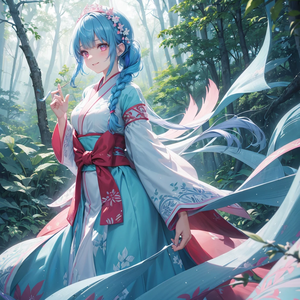 sky Blue hair, (braided ponytail),(pink eyes),fair skin ,(full body),1 girl,happy smile,white red kimono,Fresh green forest,Forest Goddess,Straight Bangs,(masterpiece, best quality, ultra-detailed, best shadow), (detailed background), (beautiful detailed face), high contrast, (best illumination, an extremely delicate and beautiful), ((cinematic light)), colorful, hyper detail, dramatic light, intricate details,guardian of the forest,Leaf Blizzard,