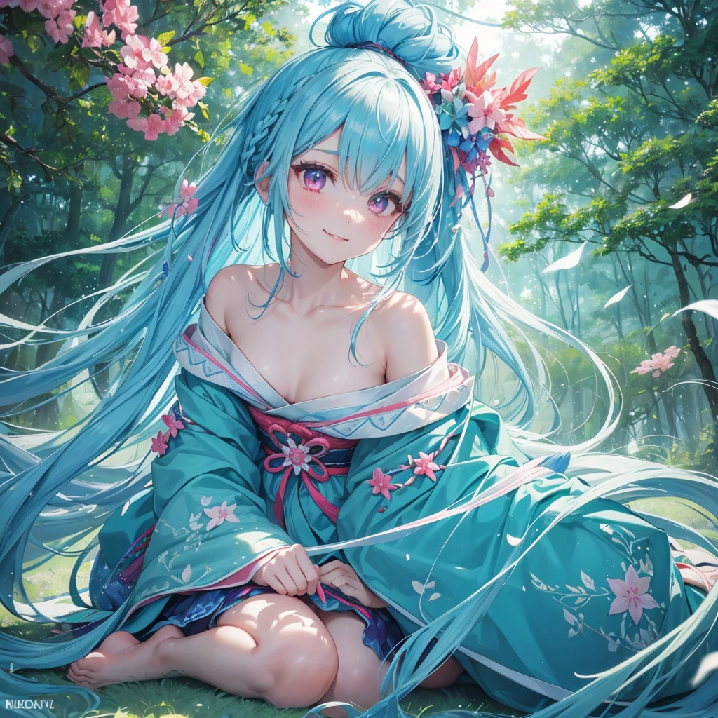 sky Blue hair, (braided ponytail),(pink eyes),fair skin ,(full body),1 girl,happy smile,white red kimono,Fresh green forest,Forest Goddess,Straight Bangs,(masterpiece, best quality, ultra-detailed, best shadow), (detailed background), (beautiful detailed face), high contrast, (best illumination, an extremely delicate and beautiful), ((cinematic light)), colorful, hyper detail, dramatic light, intricate details,guardian of the forest,Leaf Blizzard,