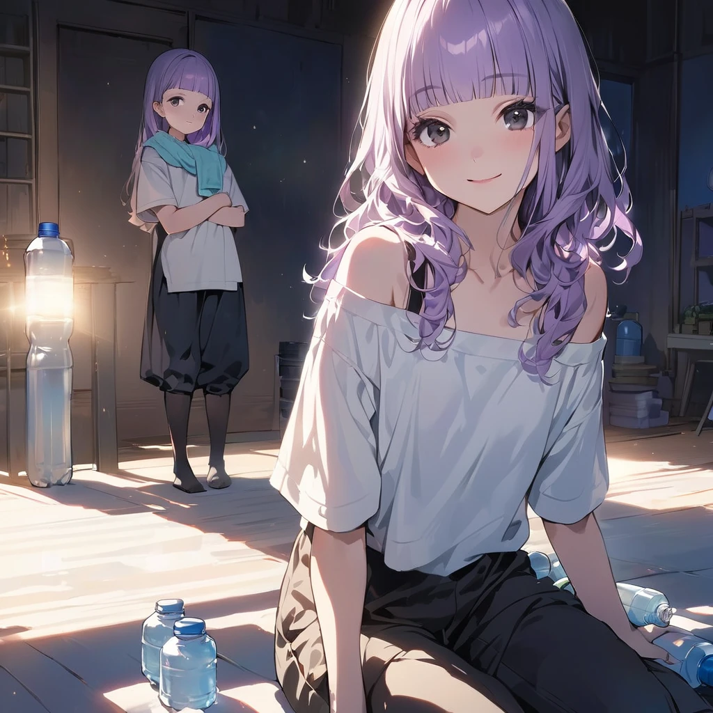 (Cute a girl:1.5), (Off-the-shoulder white plain T-shirts, black sarouel pants:1.1),(masterpiece:1.3), anime visual,  (Lovey-dovey:1.5), (tilt head:1.3), extremely delicate face, realistic lighting and shading, (an extremely delicate and beautiful art:1.3),15 years old,smiling,(pale purple wavy and blunt bangs hair,green and black eyes:1.5),smiling,from front,fullbody shot,full body shot,At a night lesson, with sports towels around their necks and drinking water from plastic bottles,night lit,