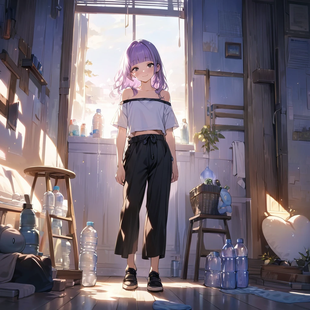 (Cute a girl:1.5), (Off-the-shoulder white plain T-shirts, black sarouel pants:1.1),(masterpiece:1.3), anime visual, (Lovey-dovey:1.5), (tilt head:1.3), extremely delicate face, realistic lighting and shading, (an extremely delicate and beautiful art:1.3),15 years old,smiling,(pale purple wavy and blunt bangs hair,green and black eyes:1.5),smiling,from front,fullbody shot,full body shot,At a night lesson, with sports towels around their necks and drinking water from plastic bottles,night lit,