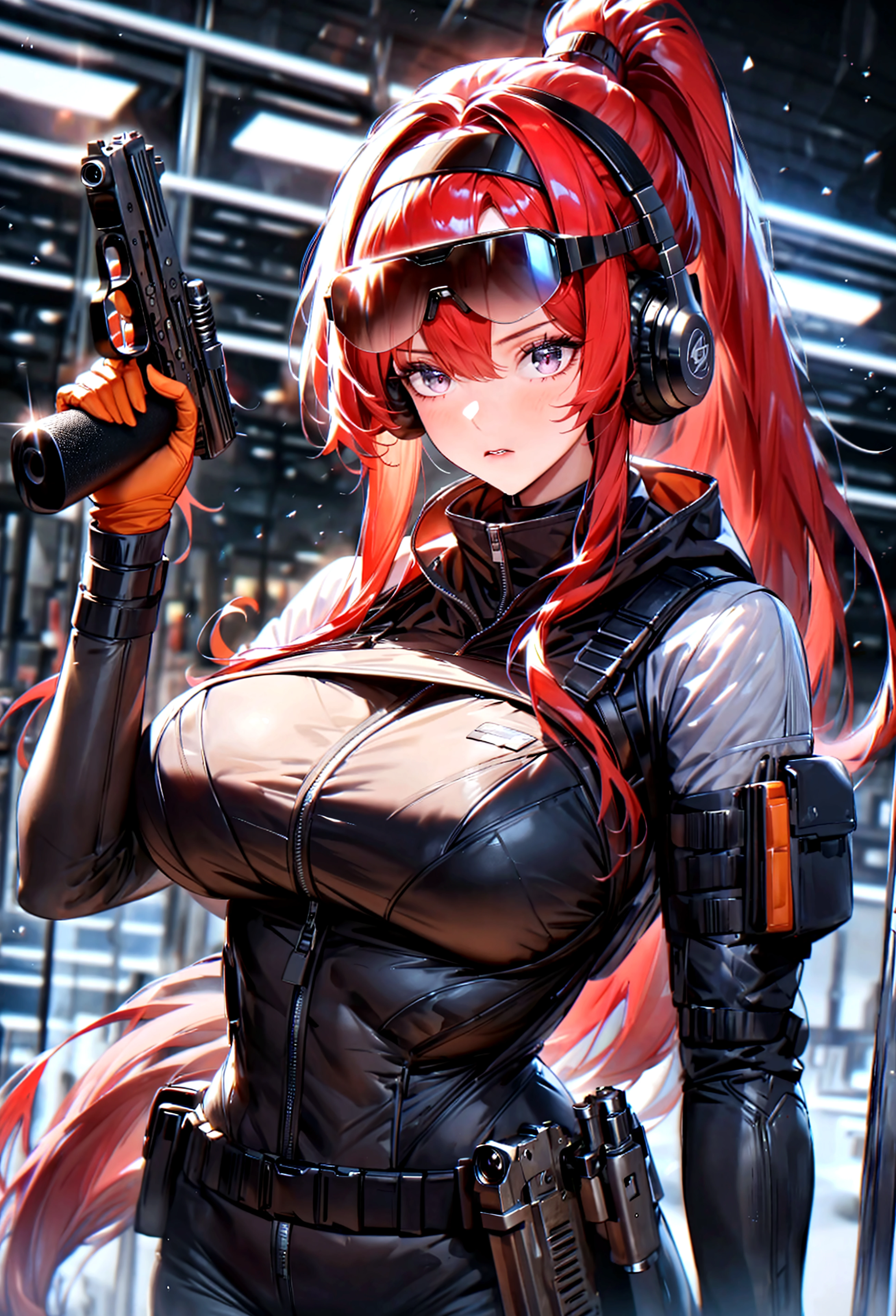 ((Best quality)), ((masterpiece)), (detailed:1.4), 3D, an image of a beautiful cyberpunk female, long almond golden hair, light brown eyes, Small red Barret, Black Soldier Shirt, Black under cloth, black panty, Grenade belt, Big chest, Big thigh, High thigh black knee sock, full view of girl, sit on the table, battlefield, black combat boot, red necktie, black glove, black combat suit, black jacket, black cloak, black panty, ammo belt, handgun, HDR (High Dynamic Range),Ray Tracing,NVIDIA RTX,Super-Resolution,Unreal 5,Subsurface scattering,PBR Texturing,Post-processing,Anisotropic Filtering,Depth-of-field,Maximum clarity and sharpness,Multi-layered textures,Albedo and Specular maps,Surface shading,Accurate simulation of light-material interaction,Perfect proportions,Octane Render,Two-tone lighting,Wide aperture,Low ISO,White balance,Rule of thirds,8K RAW,